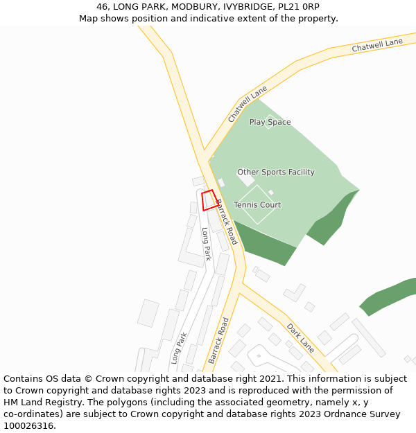 46, LONG PARK, MODBURY, IVYBRIDGE, PL21 0RP: Location map and indicative extent of plot