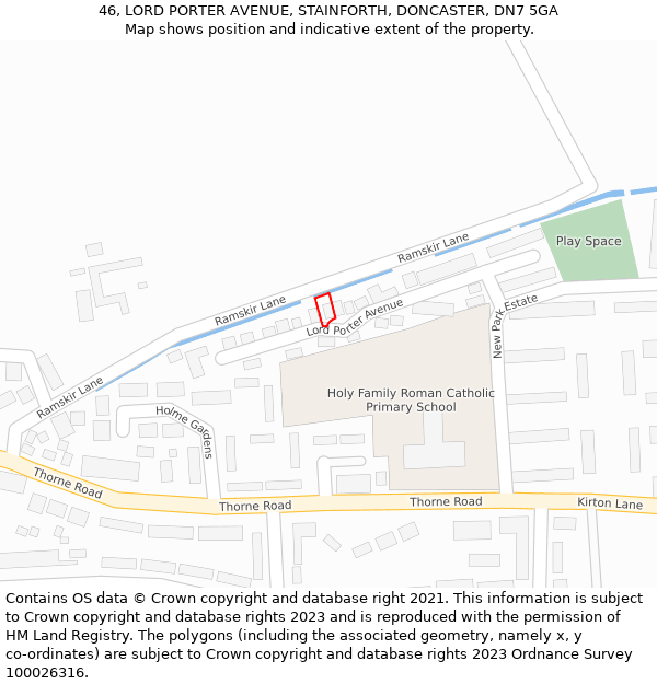 46, LORD PORTER AVENUE, STAINFORTH, DONCASTER, DN7 5GA: Location map and indicative extent of plot