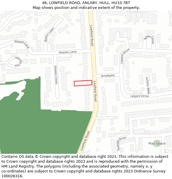 46, LOWFIELD ROAD, ANLABY, HULL, HU10 7BT: Location map and indicative extent of plot