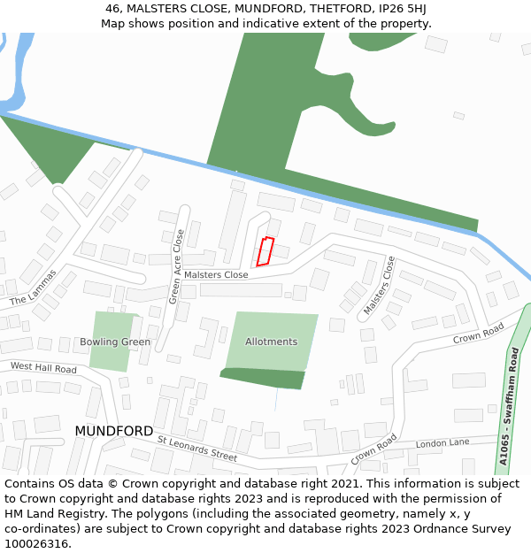 46, MALSTERS CLOSE, MUNDFORD, THETFORD, IP26 5HJ: Location map and indicative extent of plot