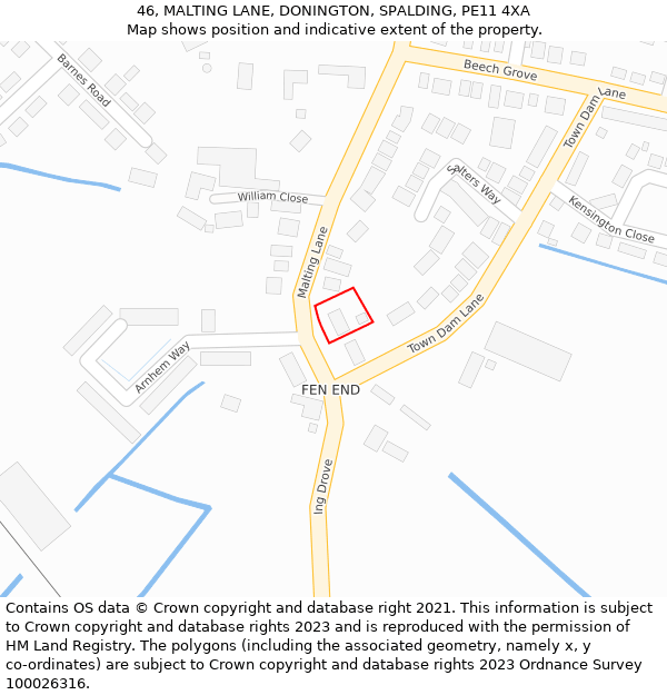 46, MALTING LANE, DONINGTON, SPALDING, PE11 4XA: Location map and indicative extent of plot