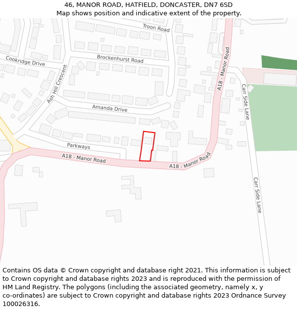 46, MANOR ROAD, HATFIELD, DONCASTER, DN7 6SD: Location map and indicative extent of plot