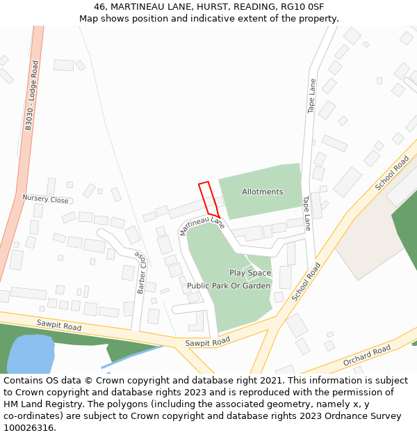 46, MARTINEAU LANE, HURST, READING, RG10 0SF: Location map and indicative extent of plot