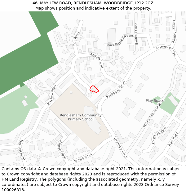 46, MAYHEW ROAD, RENDLESHAM, WOODBRIDGE, IP12 2GZ: Location map and indicative extent of plot