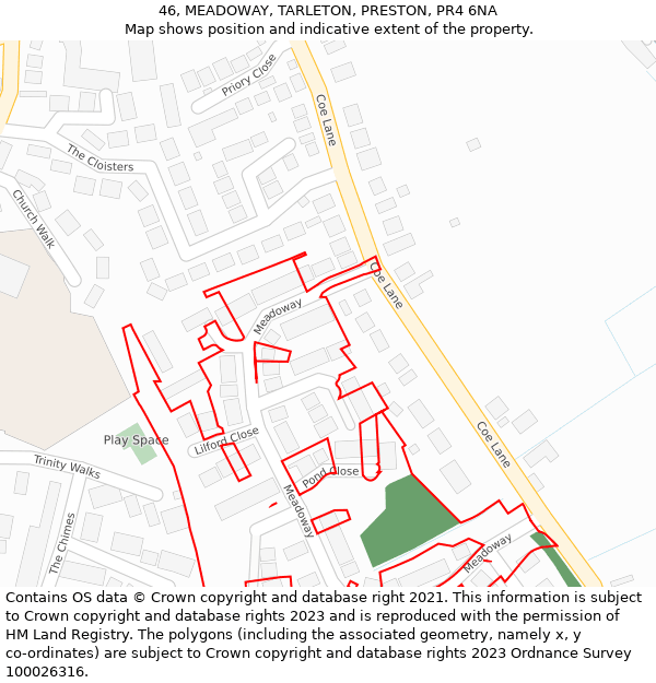 46, MEADOWAY, TARLETON, PRESTON, PR4 6NA: Location map and indicative extent of plot