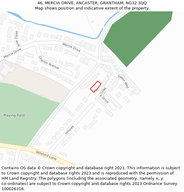 46, MERCIA DRIVE, ANCASTER, GRANTHAM, NG32 3QQ: Location map and indicative extent of plot