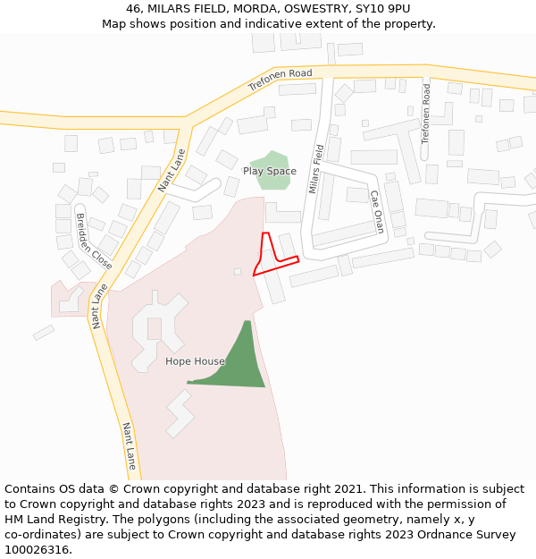 46, MILARS FIELD, MORDA, OSWESTRY, SY10 9PU: Location map and indicative extent of plot
