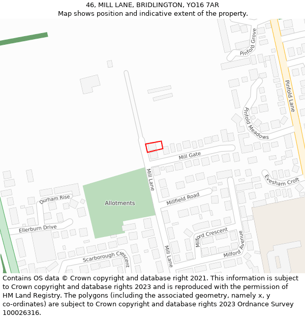 46, MILL LANE, BRIDLINGTON, YO16 7AR: Location map and indicative extent of plot