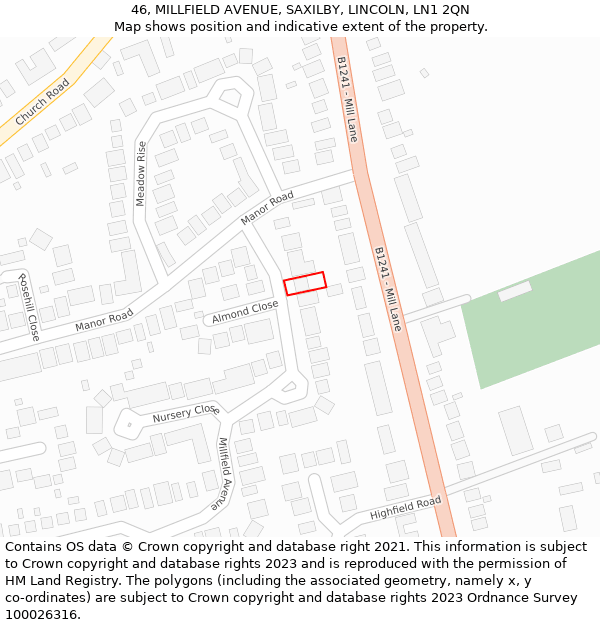 46, MILLFIELD AVENUE, SAXILBY, LINCOLN, LN1 2QN: Location map and indicative extent of plot