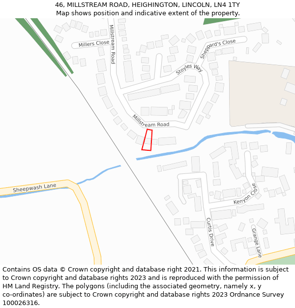 46, MILLSTREAM ROAD, HEIGHINGTON, LINCOLN, LN4 1TY: Location map and indicative extent of plot