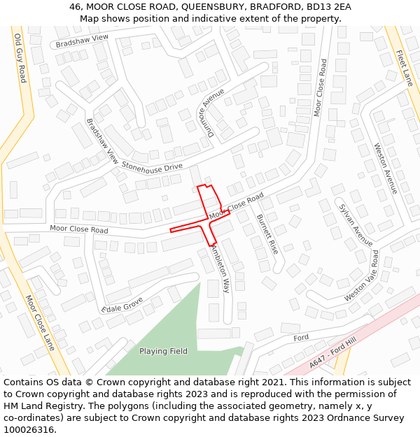 46, MOOR CLOSE ROAD, QUEENSBURY, BRADFORD, BD13 2EA: Location map and indicative extent of plot