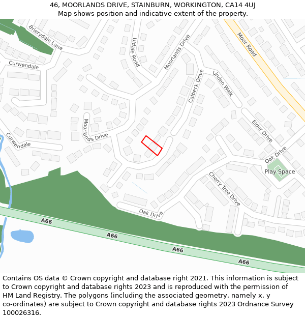 46, MOORLANDS DRIVE, STAINBURN, WORKINGTON, CA14 4UJ: Location map and indicative extent of plot