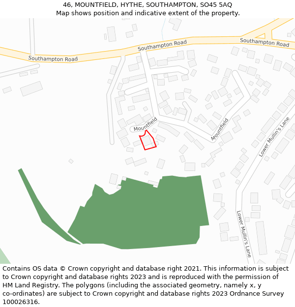 46, MOUNTFIELD, HYTHE, SOUTHAMPTON, SO45 5AQ: Location map and indicative extent of plot