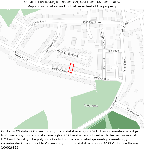 46, MUSTERS ROAD, RUDDINGTON, NOTTINGHAM, NG11 6HW: Location map and indicative extent of plot