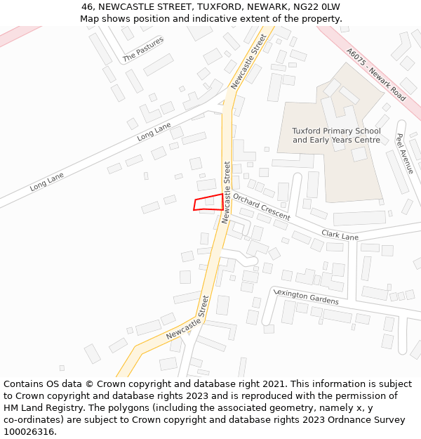 46, NEWCASTLE STREET, TUXFORD, NEWARK, NG22 0LW: Location map and indicative extent of plot