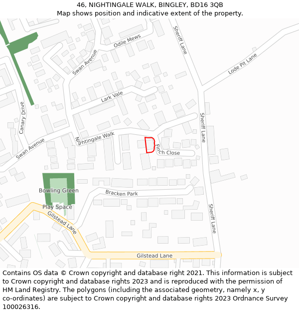 46, NIGHTINGALE WALK, BINGLEY, BD16 3QB: Location map and indicative extent of plot