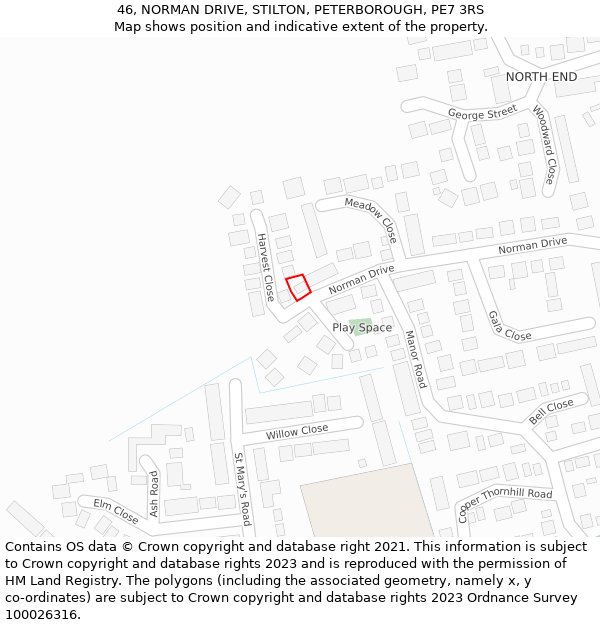 46, NORMAN DRIVE, STILTON, PETERBOROUGH, PE7 3RS: Location map and indicative extent of plot