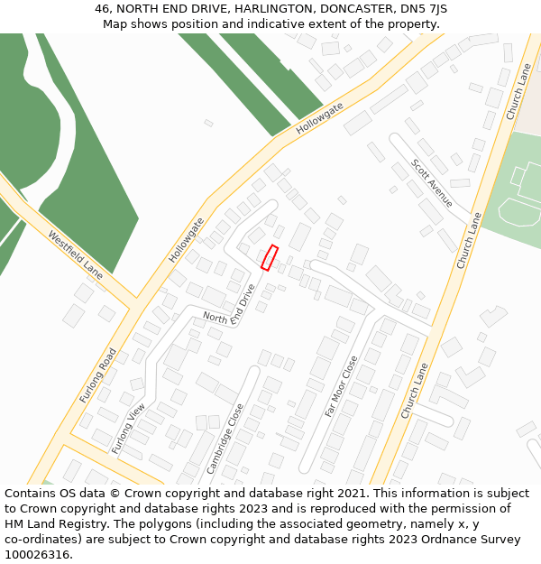 46, NORTH END DRIVE, HARLINGTON, DONCASTER, DN5 7JS: Location map and indicative extent of plot