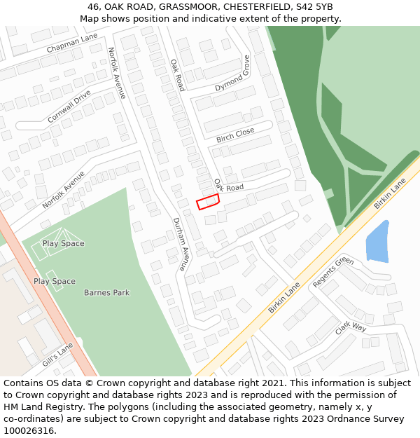 46, OAK ROAD, GRASSMOOR, CHESTERFIELD, S42 5YB: Location map and indicative extent of plot