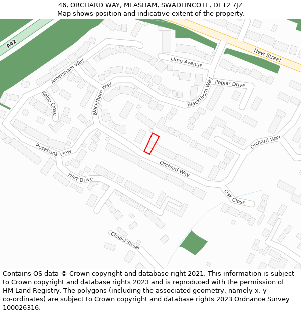 46, ORCHARD WAY, MEASHAM, SWADLINCOTE, DE12 7JZ: Location map and indicative extent of plot