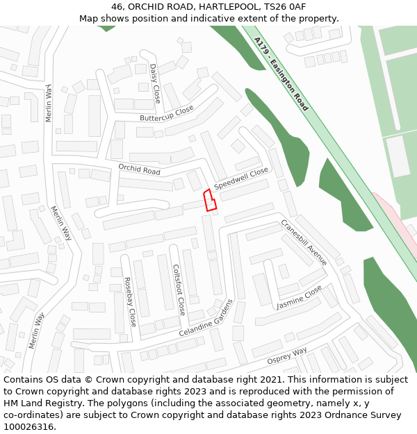 46, ORCHID ROAD, HARTLEPOOL, TS26 0AF: Location map and indicative extent of plot