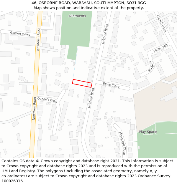 46, OSBORNE ROAD, WARSASH, SOUTHAMPTON, SO31 9GG: Location map and indicative extent of plot