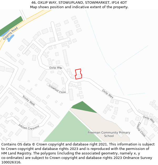 46, OXLIP WAY, STOWUPLAND, STOWMARKET, IP14 4DT: Location map and indicative extent of plot