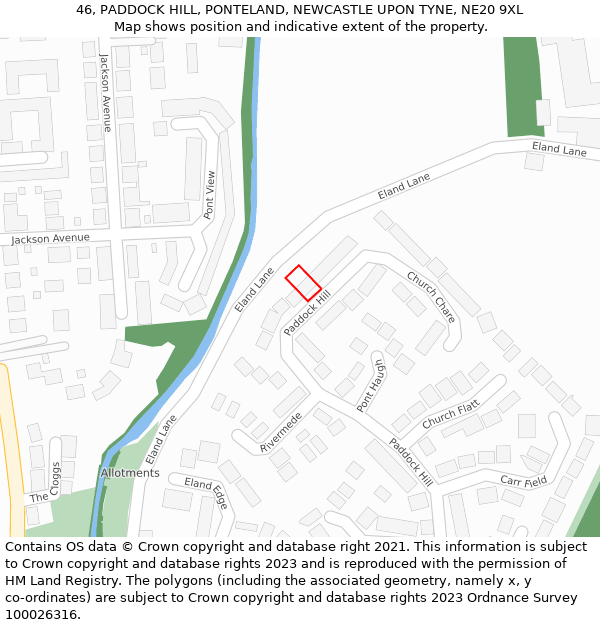 46, PADDOCK HILL, PONTELAND, NEWCASTLE UPON TYNE, NE20 9XL: Location map and indicative extent of plot