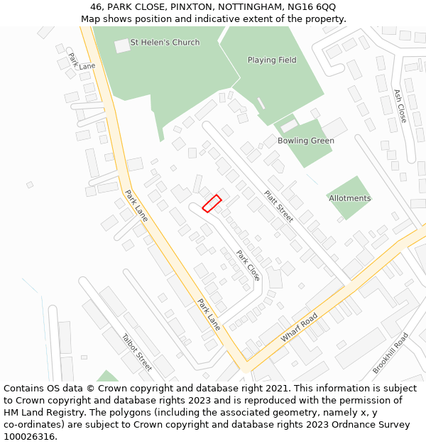 46, PARK CLOSE, PINXTON, NOTTINGHAM, NG16 6QQ: Location map and indicative extent of plot