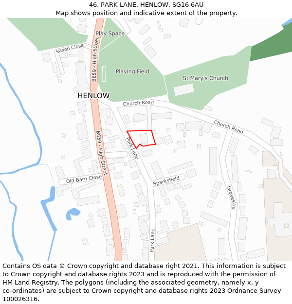 46, PARK LANE, HENLOW, SG16 6AU: Location map and indicative extent of plot