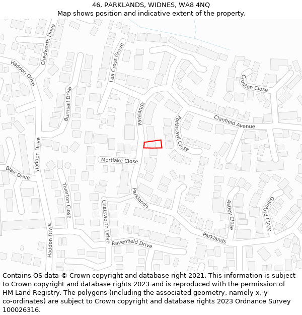 46, PARKLANDS, WIDNES, WA8 4NQ: Location map and indicative extent of plot