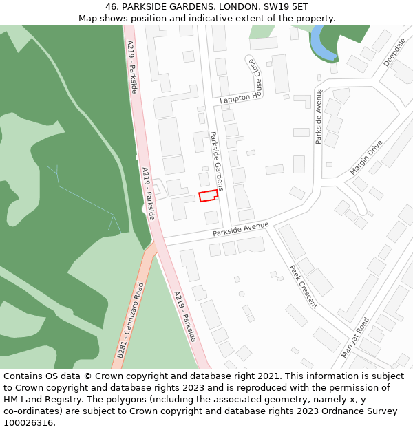46, PARKSIDE GARDENS, LONDON, SW19 5ET: Location map and indicative extent of plot