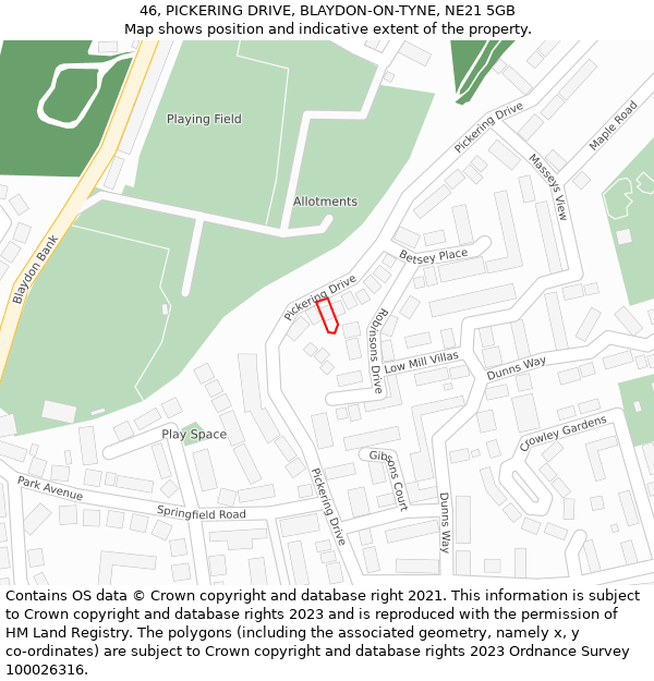 46, PICKERING DRIVE, BLAYDON-ON-TYNE, NE21 5GB: Location map and indicative extent of plot