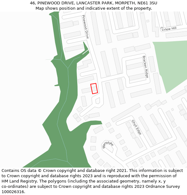 46, PINEWOOD DRIVE, LANCASTER PARK, MORPETH, NE61 3SU: Location map and indicative extent of plot