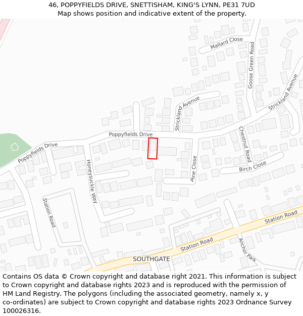 46, POPPYFIELDS DRIVE, SNETTISHAM, KING'S LYNN, PE31 7UD: Location map and indicative extent of plot