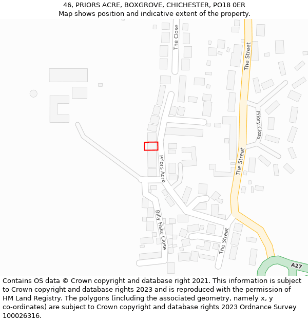 46, PRIORS ACRE, BOXGROVE, CHICHESTER, PO18 0ER: Location map and indicative extent of plot