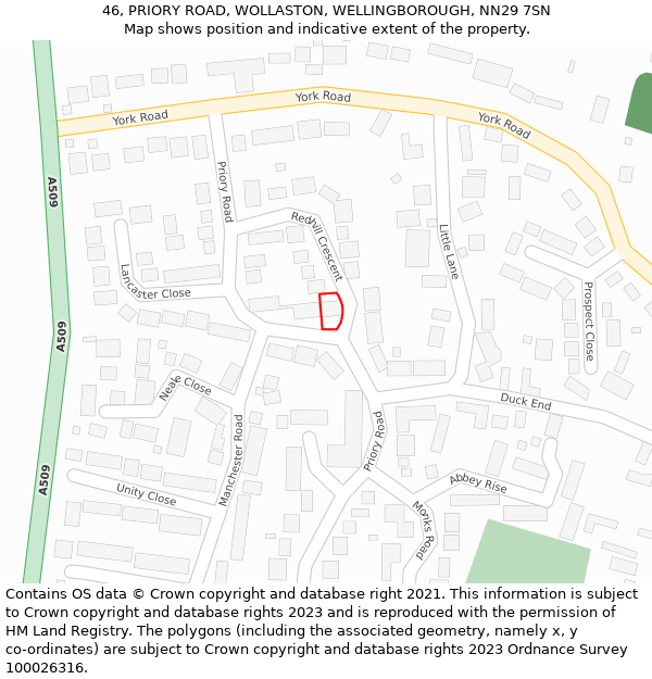 46, PRIORY ROAD, WOLLASTON, WELLINGBOROUGH, NN29 7SN: Location map and indicative extent of plot