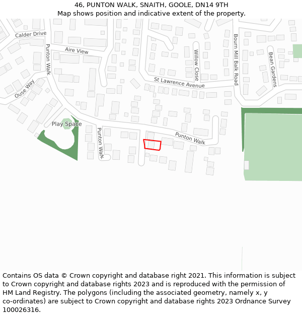 46, PUNTON WALK, SNAITH, GOOLE, DN14 9TH: Location map and indicative extent of plot