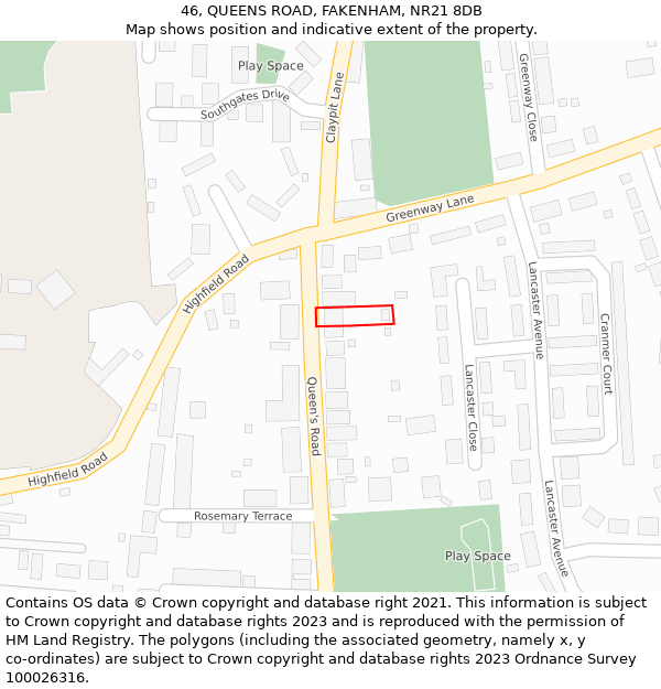 46, QUEENS ROAD, FAKENHAM, NR21 8DB: Location map and indicative extent of plot