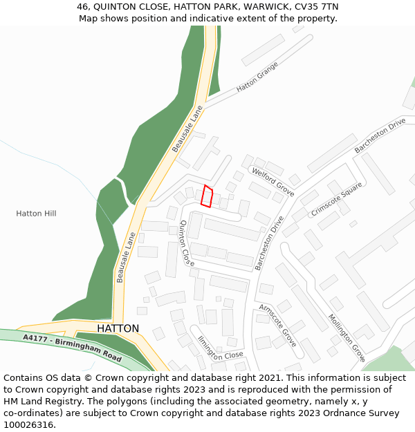 46, QUINTON CLOSE, HATTON PARK, WARWICK, CV35 7TN: Location map and indicative extent of plot