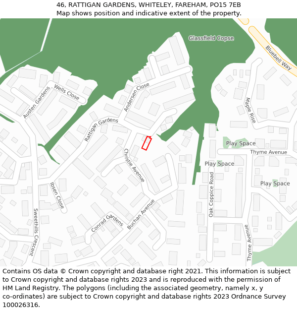 46, RATTIGAN GARDENS, WHITELEY, FAREHAM, PO15 7EB: Location map and indicative extent of plot