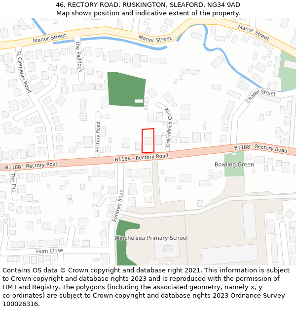 46, RECTORY ROAD, RUSKINGTON, SLEAFORD, NG34 9AD: Location map and indicative extent of plot