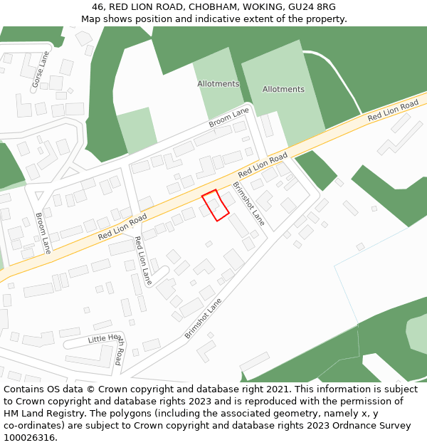 46, RED LION ROAD, CHOBHAM, WOKING, GU24 8RG: Location map and indicative extent of plot