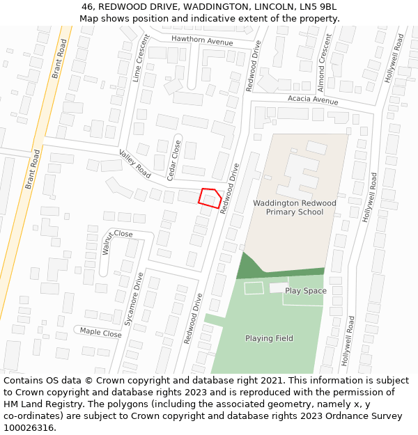 46, REDWOOD DRIVE, WADDINGTON, LINCOLN, LN5 9BL: Location map and indicative extent of plot