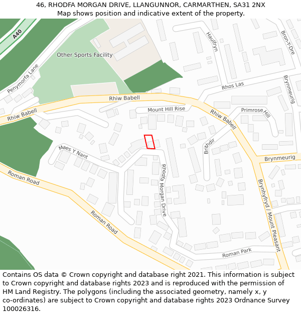 46, RHODFA MORGAN DRIVE, LLANGUNNOR, CARMARTHEN, SA31 2NX: Location map and indicative extent of plot
