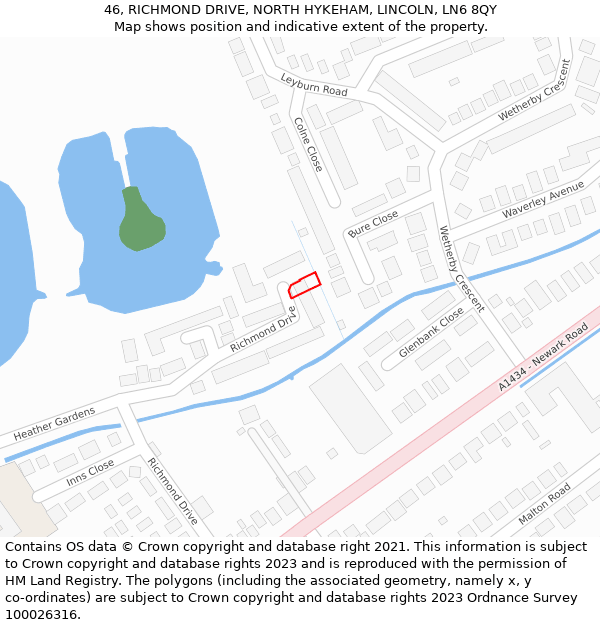 46, RICHMOND DRIVE, NORTH HYKEHAM, LINCOLN, LN6 8QY: Location map and indicative extent of plot