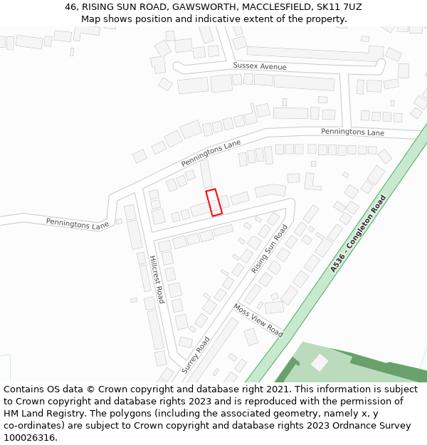 46, RISING SUN ROAD, GAWSWORTH, MACCLESFIELD, SK11 7UZ: Location map and indicative extent of plot