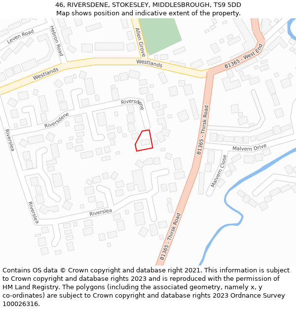 46, RIVERSDENE, STOKESLEY, MIDDLESBROUGH, TS9 5DD: Location map and indicative extent of plot