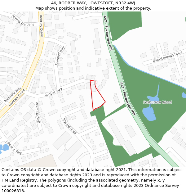 46, RODBER WAY, LOWESTOFT, NR32 4WJ: Location map and indicative extent of plot