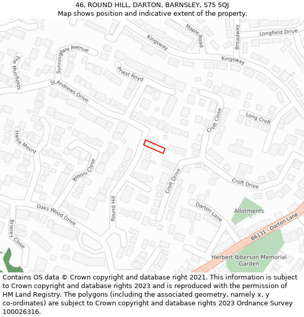 46, ROUND HILL, DARTON, BARNSLEY, S75 5QJ: Location map and indicative extent of plot